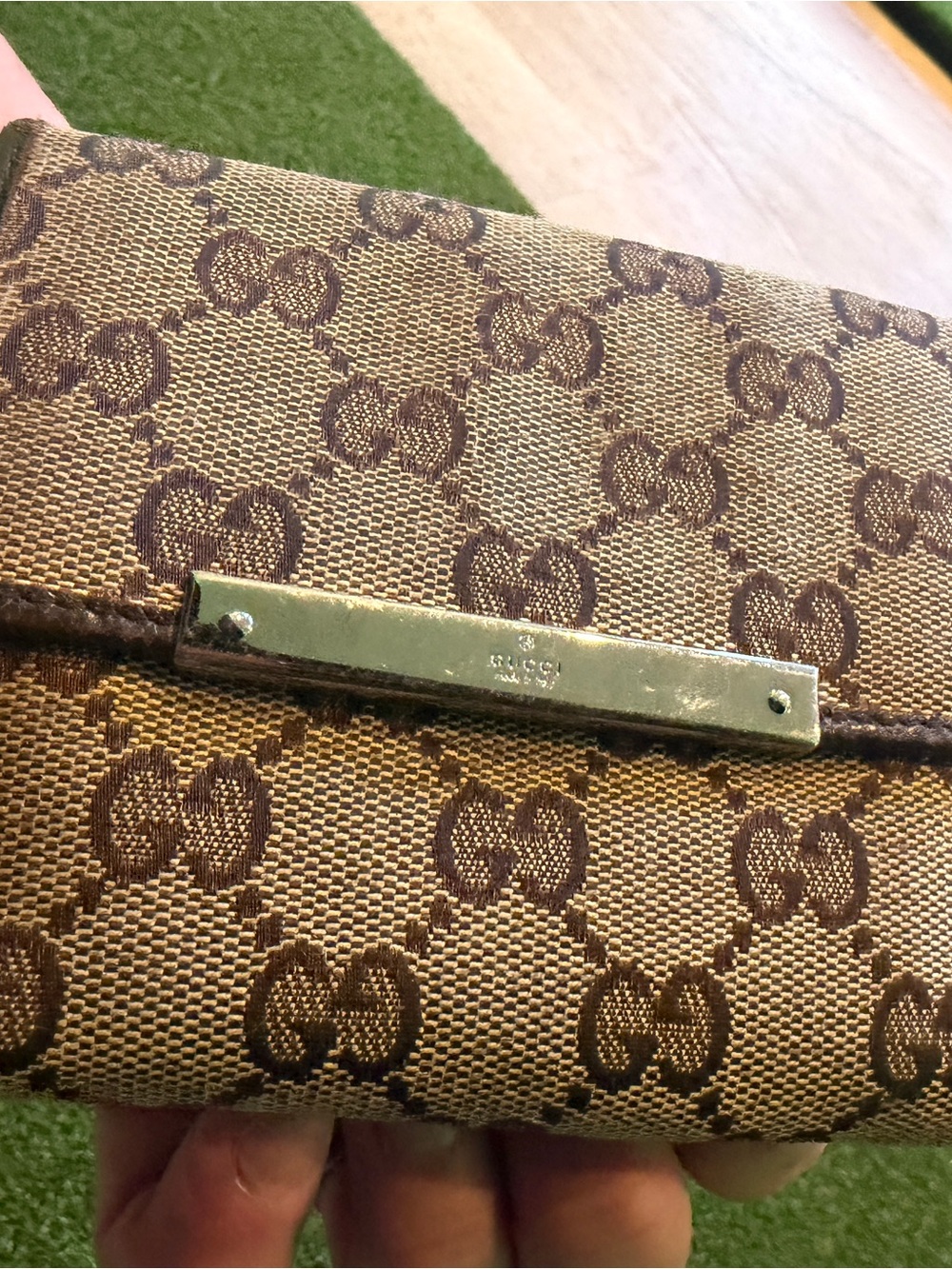 Gucci Tan and Brown GG Monogram Card Wallet with Gold Plate
